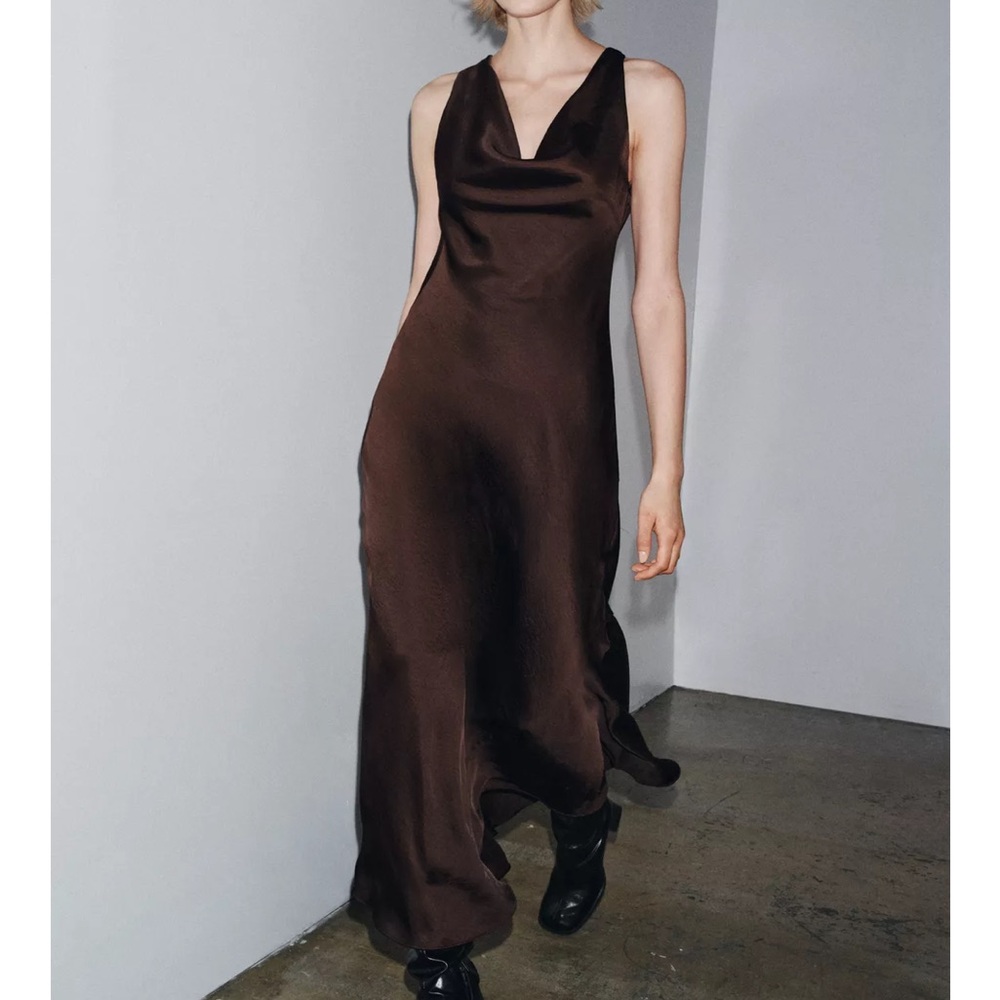 Zara Satin Brown Dress